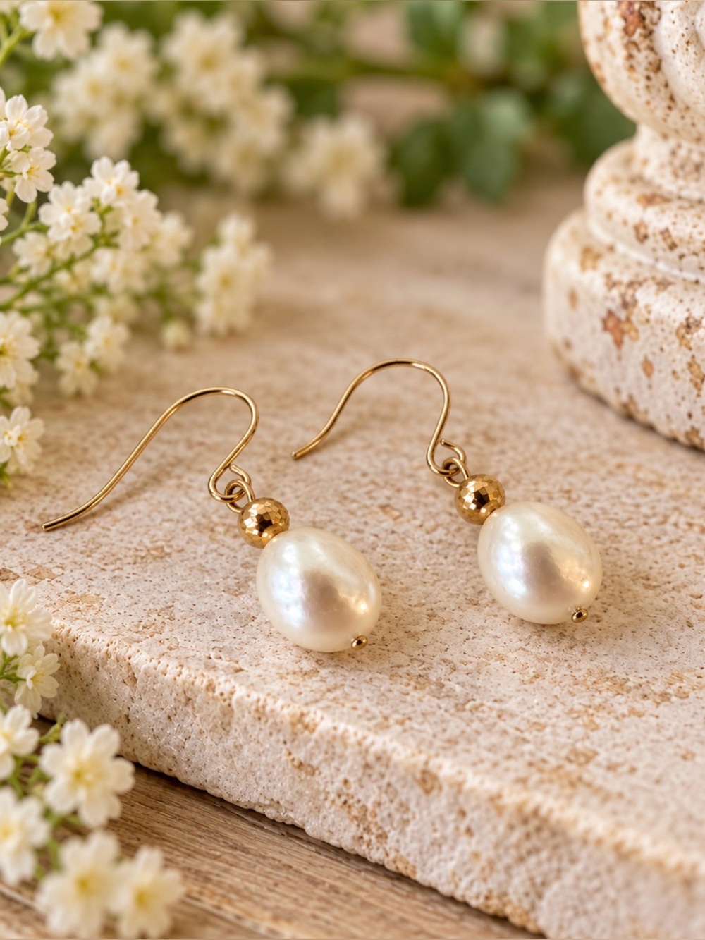 Solid 14K Yellow Gold (585) Cultured Freshwater Pearl Drop Earrings Dangle